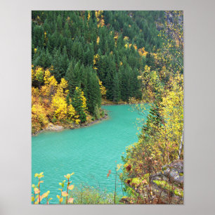 Poster Lac glaciaire turquoise-vert à l'automne