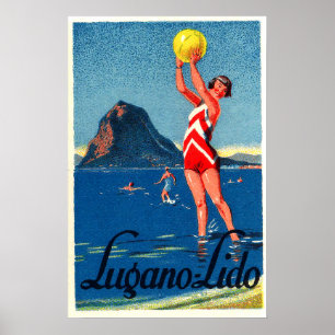 Poster Lac Lugano, plage, fille avec balle de plage, vint