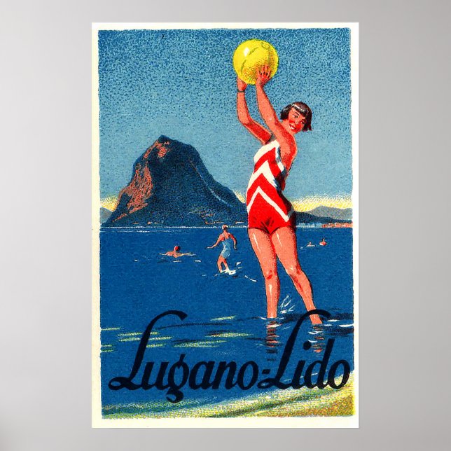 Poster Lac Lugano, plage, fille avec balle de plage, vint (Devant)