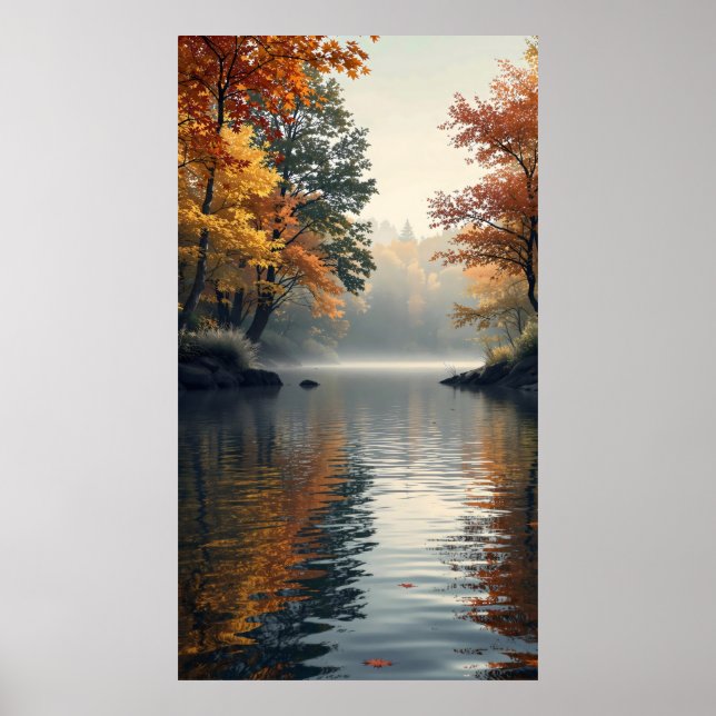 Poster lac paisible entouré d'arbres d'automne (Devant)