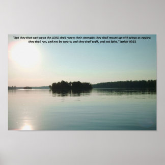 Poster Lac paisible et arbres lointains avec écriture