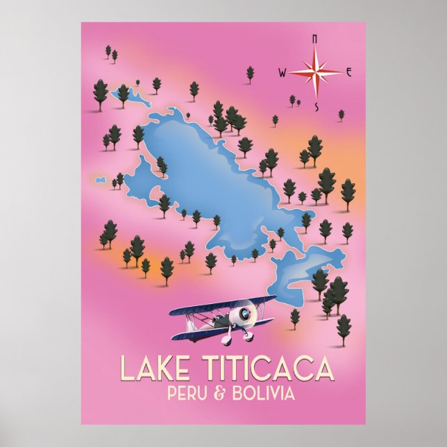 Poster Lac Titicaca, Pérou, Bolivie carte du lac art voya (Devant)