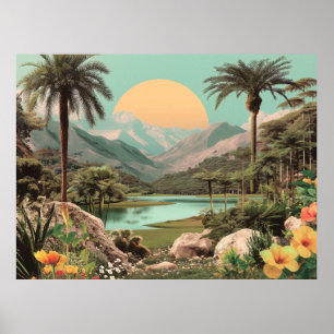 Poster Lac Tropical Surreal Avec Palmiers