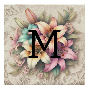 Poster Lace monogramme rose orangé turquoise lys