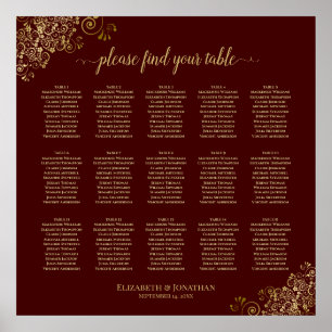 Poster Lacy Gold 15 Table Wedding Seating Chart Auburn