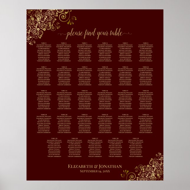 Poster Lacy Gold 29 Mariage de table Diagramme de siège A (Devant)