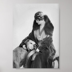 Poster Lady and Her Dog, Black and White Vintage Art