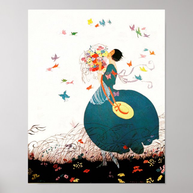 POSTER LADY AVEC BOUQUET FLEURIER ET BOUTTERFLITS (Devant)