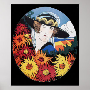 Poster Lady avec Fleurs Chrysanthemum, Noir