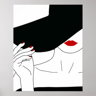 Poster Lady En Casquette Noir Avec Rouge Lin Line Art