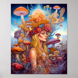 Poster Lady Et Champignons Surreal Imaginaire Art