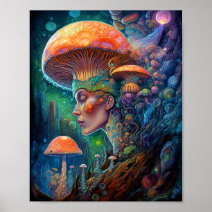Poster Lady Et Champignons Surreal Imaginaire Art