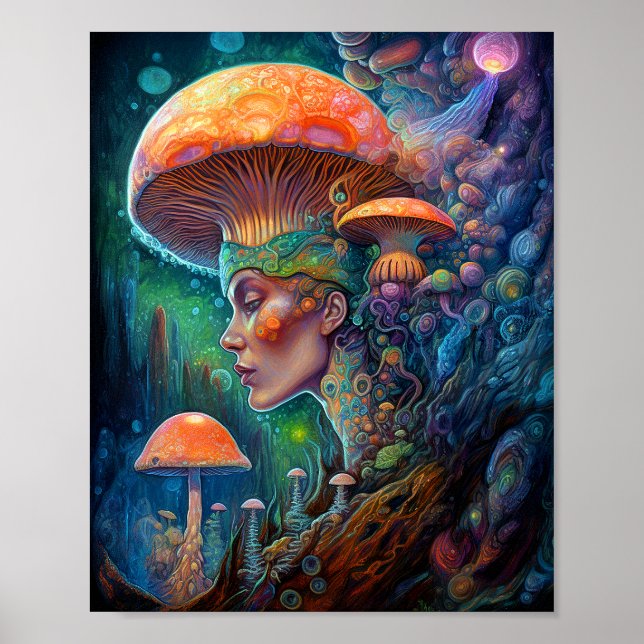 Poster Lady Et Champignons Surreal Imaginaire Art (Devant)