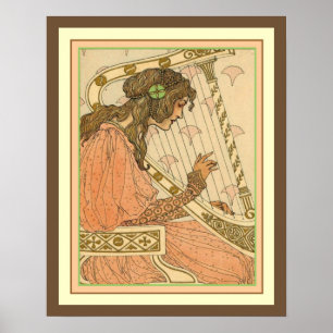 Poster Lady & Harp Art Nouveau Imprimer 16 x 20