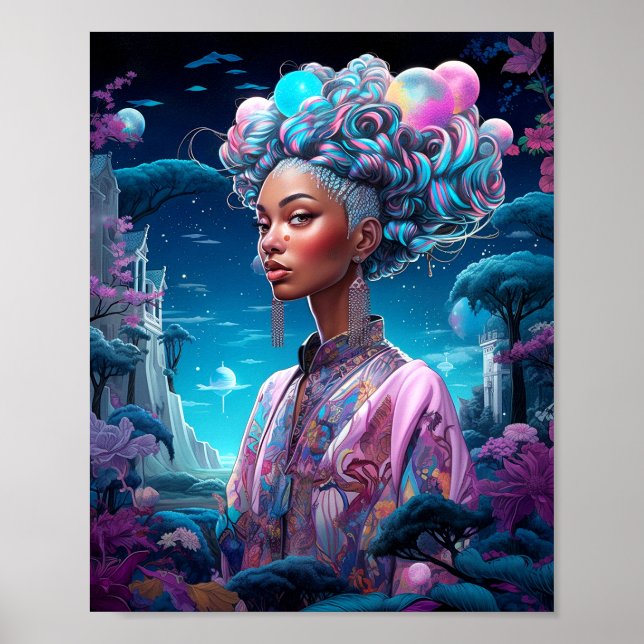 Poster Lady In Surreal World African American Art Purple (Devant)