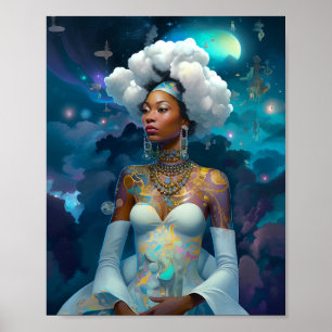Poster Lady In Surreal World Art Cosmique Africain-Améric