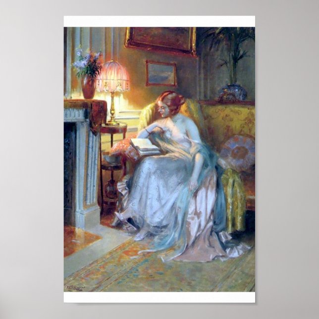 Poster Lady lecture près de la lampe. (Devant)