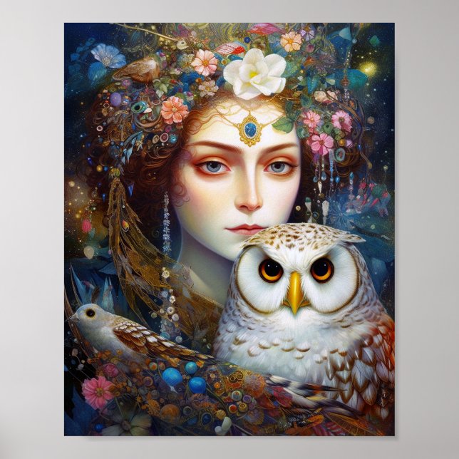 Poster Lady With Owl Surreal Imaginaire Art (Devant)