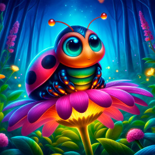 Poster Ladybird fleurs neon forêt coloré magie