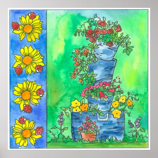 Poster Ladybugs Tournesols Roses Rouges Aquarelle Fleurs (Devant)