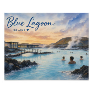 Poster Lagon bleu Islande bain thermal aquarelle