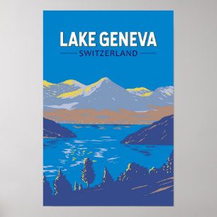 Poster Lake Geneva Suisse Travel Art Vintage