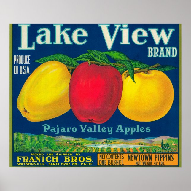 Poster Lake View Apple Étiquette - Watsonville, CA (Devant)