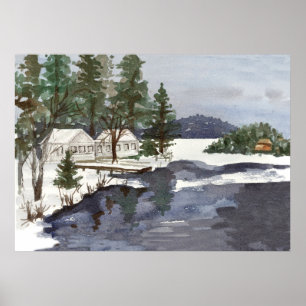 Poster Lakeside Cabines Hiver Long Pond Belgrade Maine