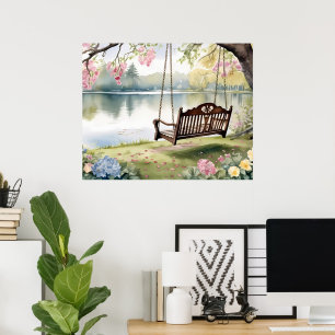 Poster Lakeside Swing dans le jardin d'aquarelle romantiq