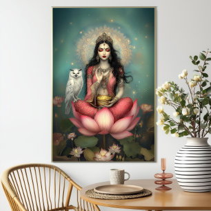 Poster Lakshmi Déesse Hindoue de la Prospérité Hibou Lotu