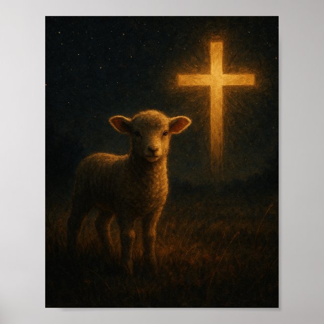 Poster Lamb Under the Cross Christian Night Scene Art (Devant)