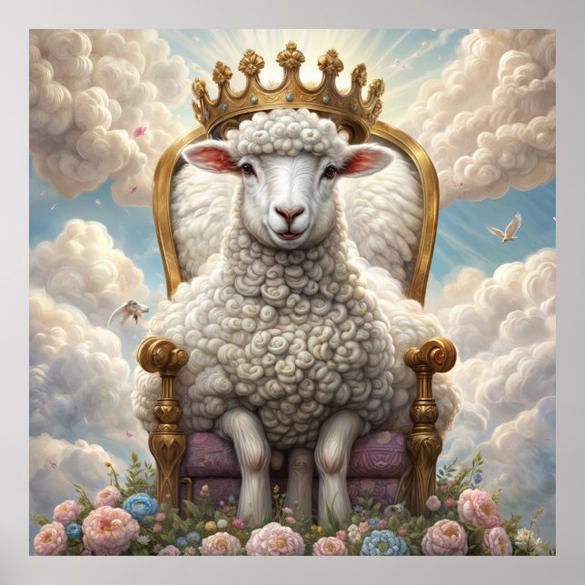 Poster Lamb with a crown on a throne (Devant)