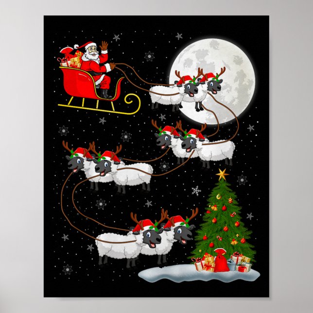 Poster Lambs Sheep Santa Sleigh Flying Funny Magical Chri (Devant)