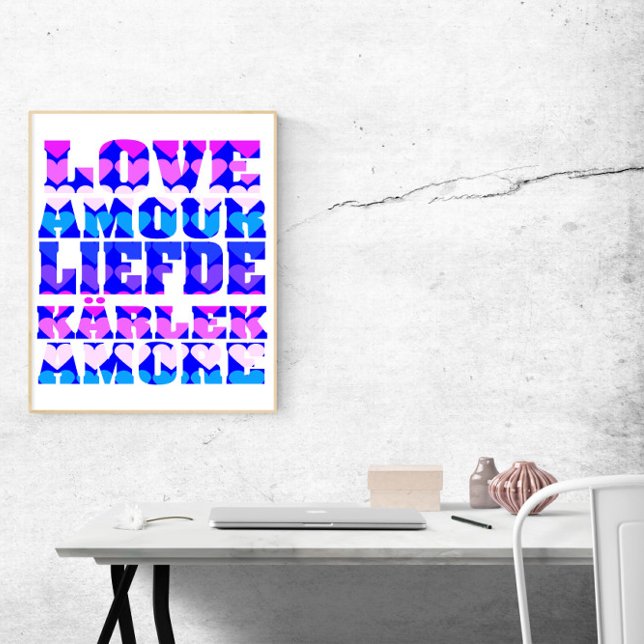 Poster L'amour dans plusieurs langues Rose violet bleu (A poster that says love in many languages with pink, purple and blue hearts.)