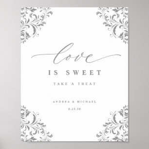 Poster L'amour est doux Élégant Argent Flourish Mariage S
