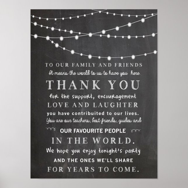 Poster Lampes à cordes Chalkboard - merci mariage (Devant)
