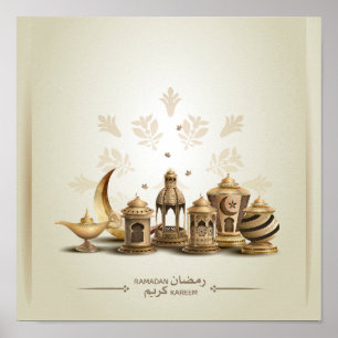 Poster Lampes, lanternes et lune en bronze du Ramadan