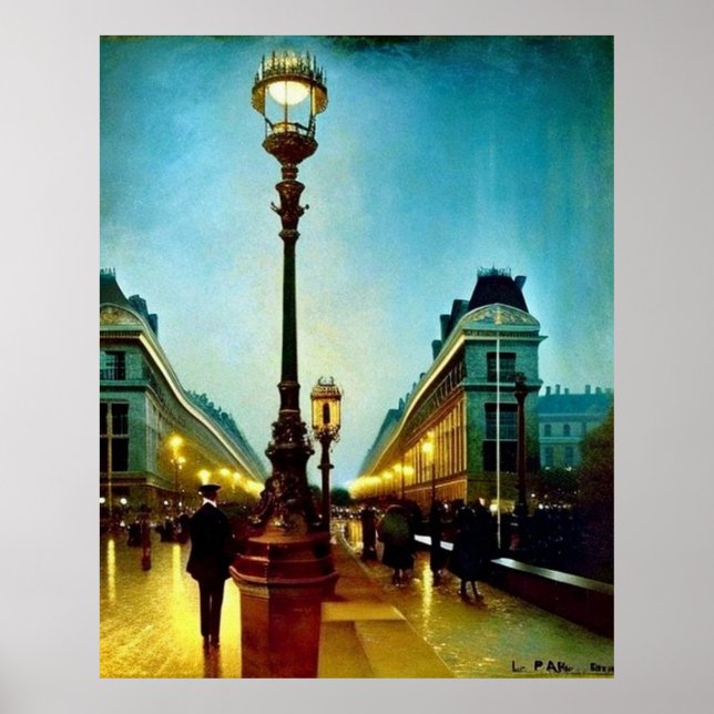 Poster Lampes mouillées du soir à Paris Impressionnisme b (Devant)