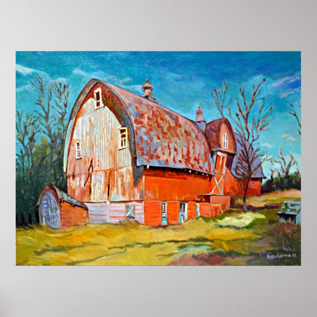Poster L'ancienne grange rouge sur la prairie venteuse (Devant)