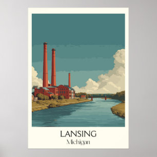 Poster Lansing Michigan Vintage Capitol River Art