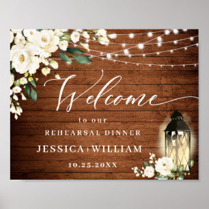 Poster Lanterne Roses Blanches Bois Rustique Dîner de Rép