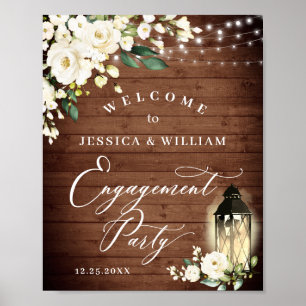 Poster Lanterne Roses Blanches Bois Rustique Fête de Fian