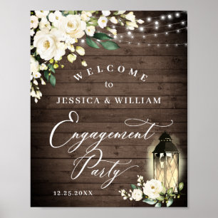 Poster Lanterne Roses Blanches Bois Rustique Fête de Fian
