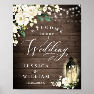 Poster Lanterne Roses Blanches Bois Rustique Mariage Bien