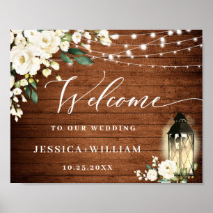 Poster Lanterne Roses Blanches Rustique Bois Bienvenue Ma
