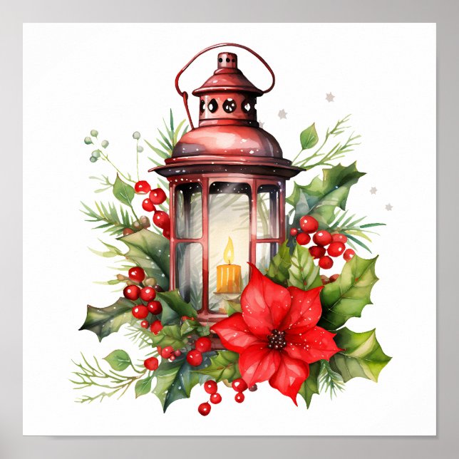 Poster Lanterne rouge de Noël Poinsettia et pin (Devant)