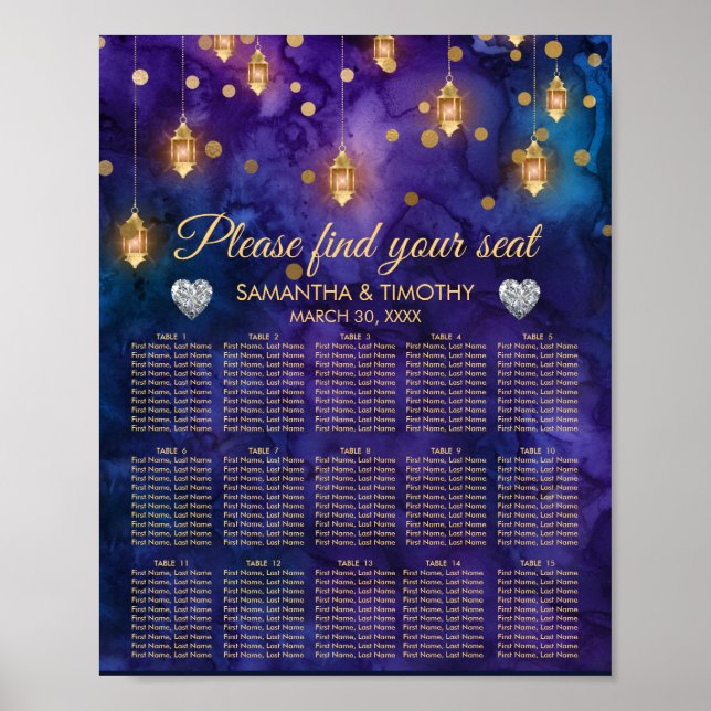 Poster Lanternes bleu violet & Bokeh Mariage carte de siè (Devant)