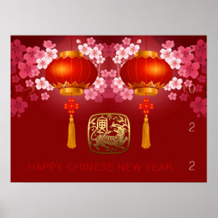 Poster Lanternes Joyeux Tigre Chinois Nouvelle coutume An