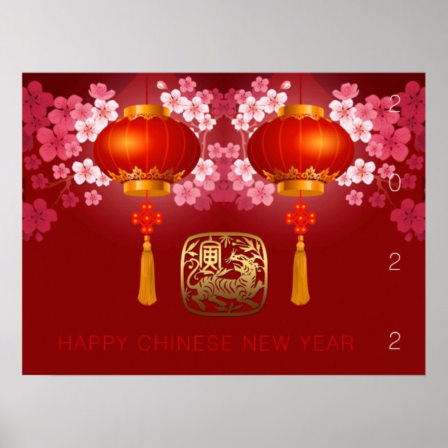 Poster Lanternes Joyeux Tigre Chinois Nouvelle coutume An (Devant)
