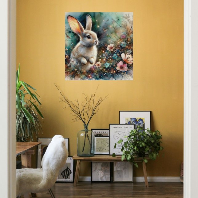Poster Lapin à l'aquarelle de bois Fleurs pastel de Pâque (Créateur téléchargé)